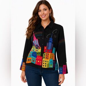 Vibrant Art-to-Wear Embroidered Cityscape Jacket XL Boho Maximalist